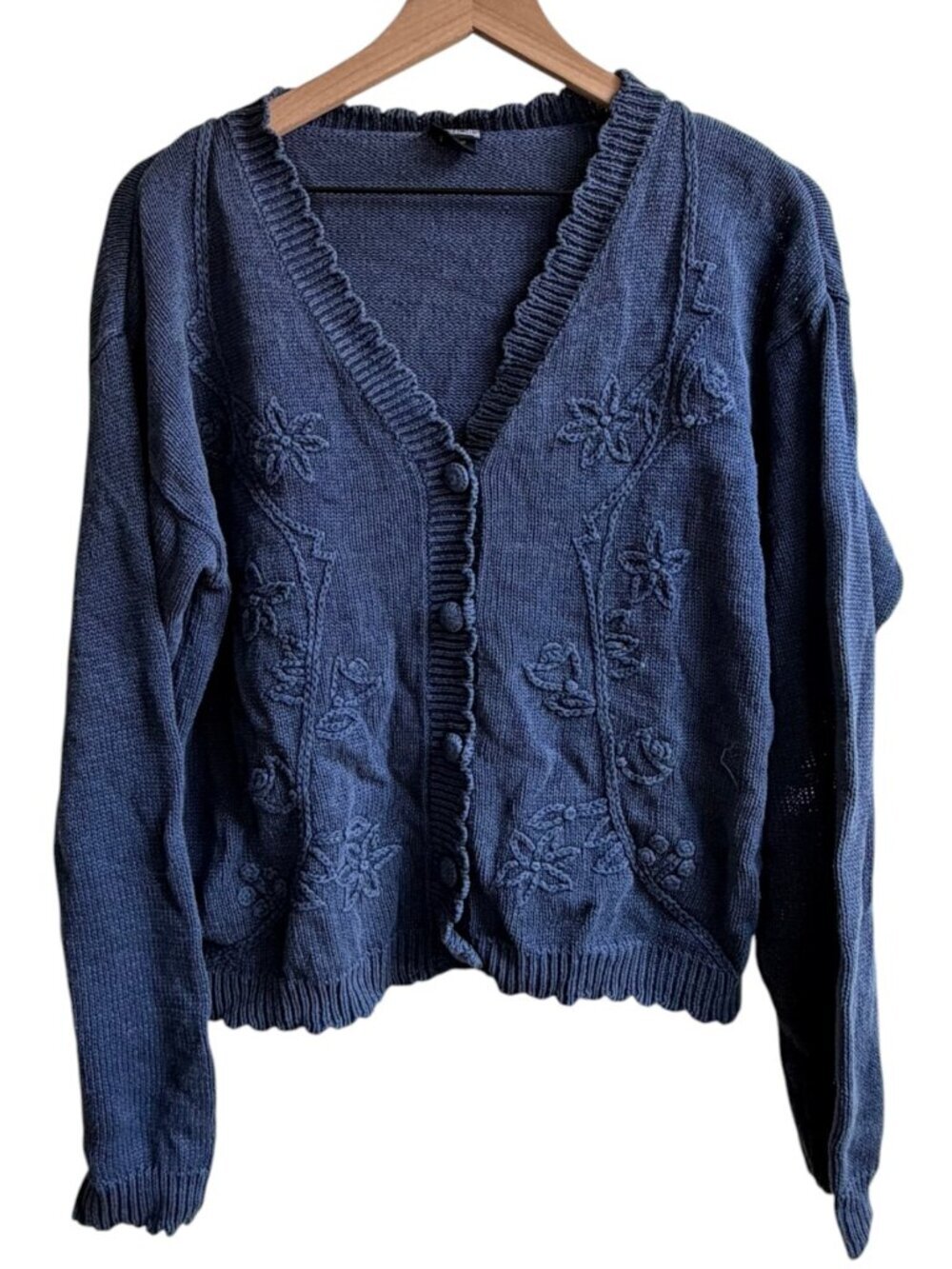 Vintage Floral Embroidered Cardigan Blue Knit‎ Sweater Medium Cottage